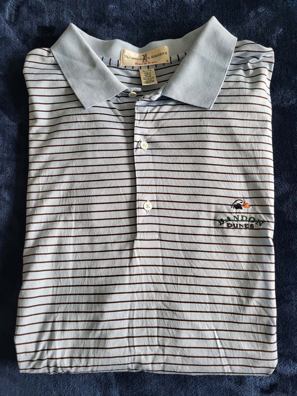 Fairway & Greene Light Blue Polo with Brown Stripes Bandon Dunes XL